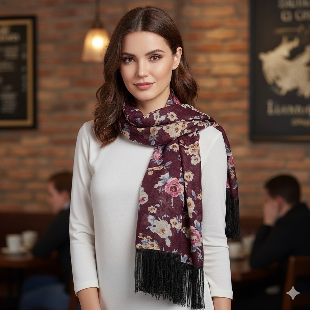 NEW Charlie Page Floral Scarf Wrap‎ Women Maroon Burgundy Wine Pink Tassel Hem